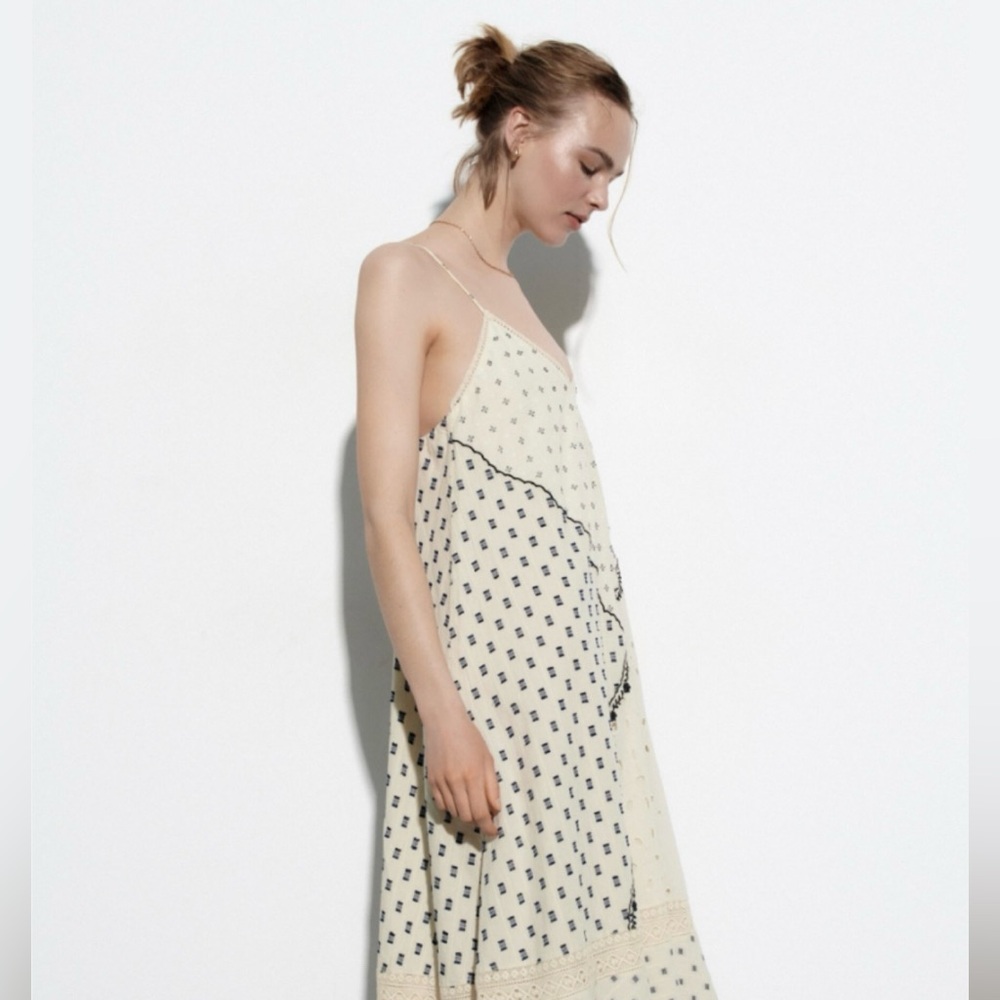 Zara Patchwork Summer Dress. Small. Ecru Blue.